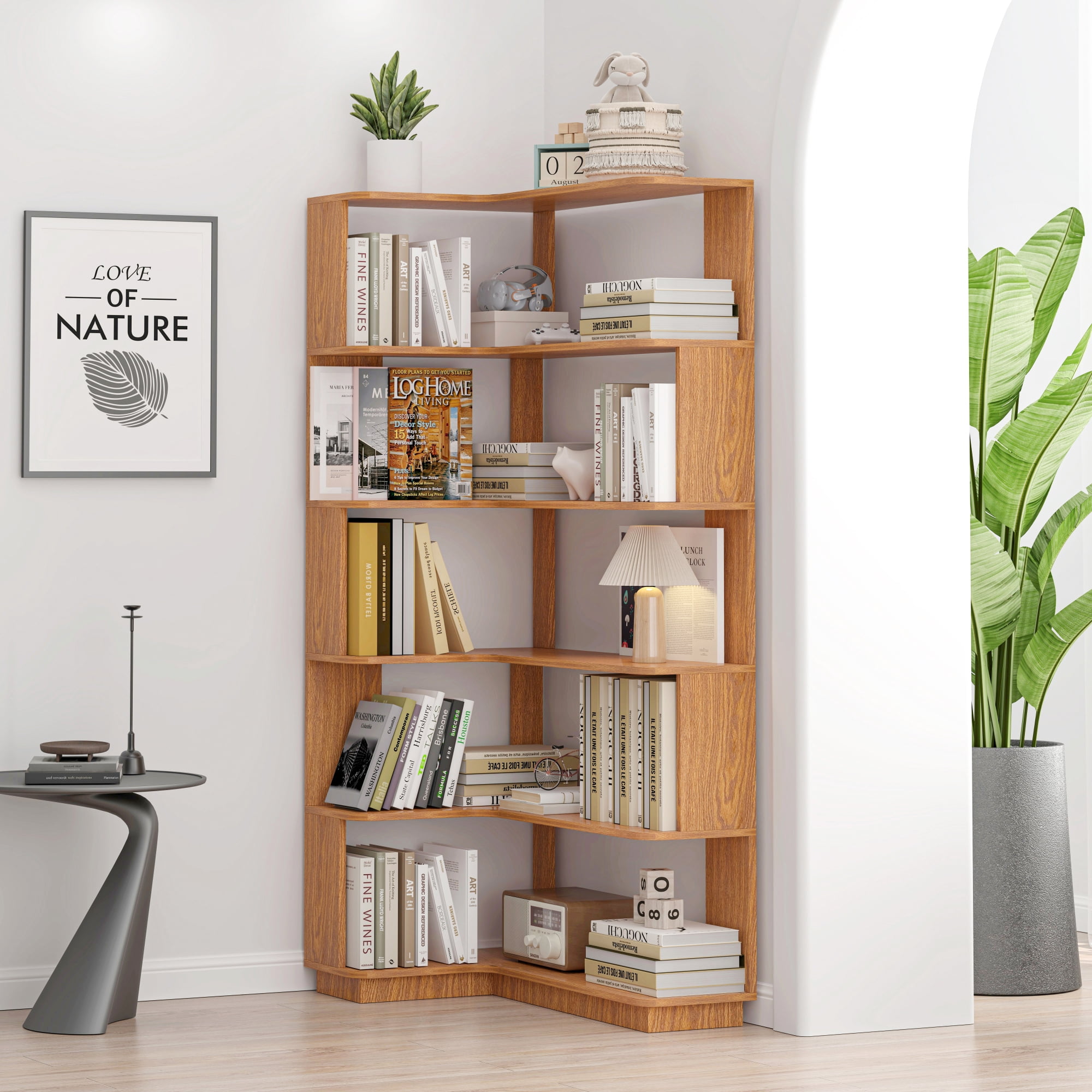 Leumius 5 Tier Freestanding L-Shaped Corner Bookshelf,Wooden Bookcase with Anti-drop Panel and Anti Tipping Device, Display shelf Open Storage,Dark Oak