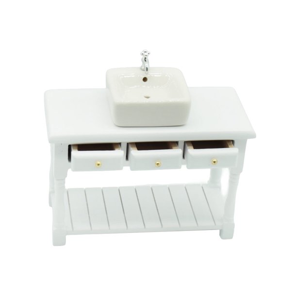 Vogacara Mini-lavabo para casa con cajón, báscula educativa, juego de baño blanco con paisaje, accesorios realistas en miniatura, fregadero de cocina Muebles de casa de muñecas Vogacara FN010755-01B