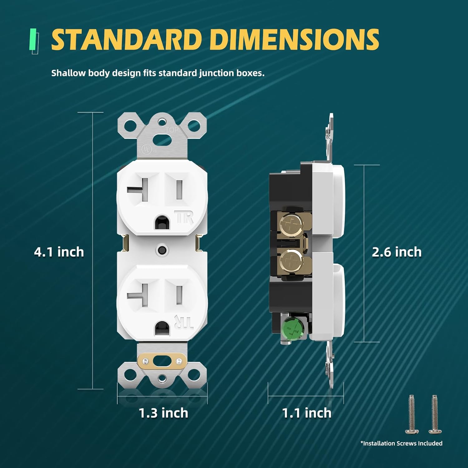 Duplex Wall Receptacle Outlets, 20A Tamper-Resistant Electrical Receptacle, 2 Pole 3 Wire, Self-Grounding, Residential Grade Wall Power Socket, White, UL Listed, 10 Pack