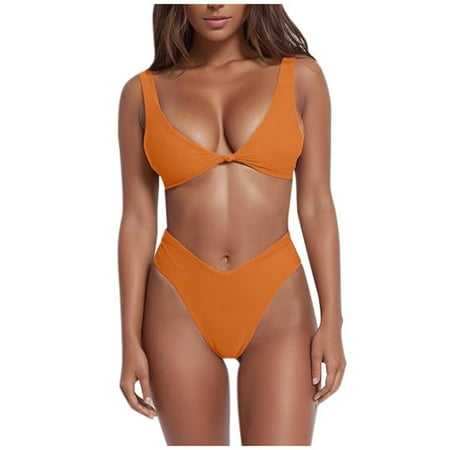 JIANJIA Womens Swimsuits Solid Color Strappy Brassiere With High Waisted Thongs Sexy Fashion Swimsuit Beach Two Piece Bikinis Swimwears Bathing Suits Orange S