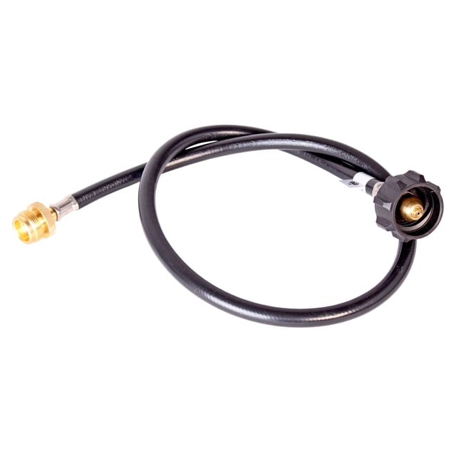 Propane 4 feet hose adapter converter connects a 1lb bottle to a 20 lb or larger cylinder, featuring a Type-1 tank connection and weather-proof low-pressure hose. Made of durable plastic and metal, suitable for lanterns, camp stoves, and compatible with Weber grill models. Ideal as a propane tank adapter hose for outdoor cooking setups.
