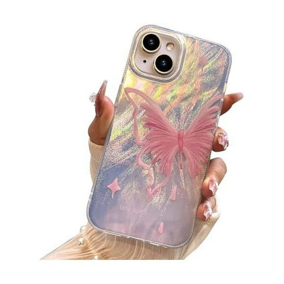 FU1999 Compact Case for iPhone 14 Plus Pale Pink Butterfly Design,Cute Trendy Soft Slim TPU Shockproof Protective Phone Cases Cover for Women Girls Aesthetic Glitter