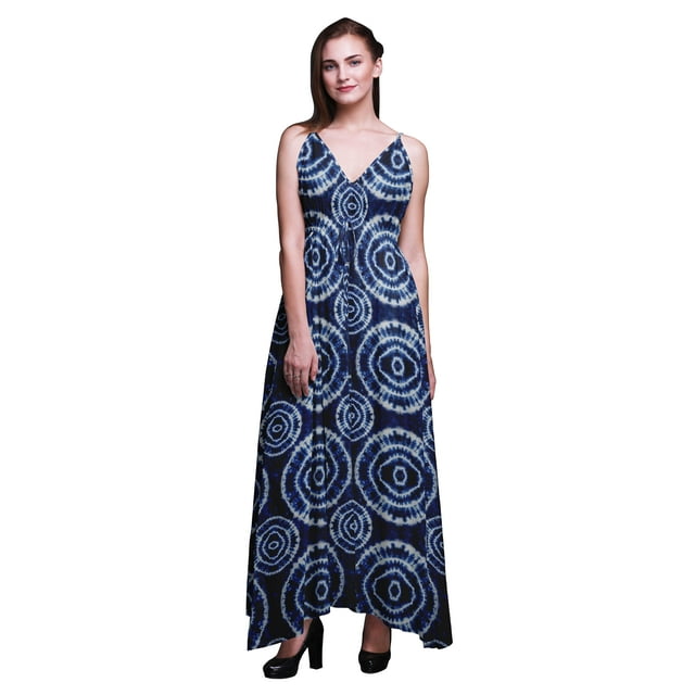 Bimba Robe de Plage Bohème à Bretelles Sans Manches Longue Maxi Imprimée pour Femmes Shibori - Grand