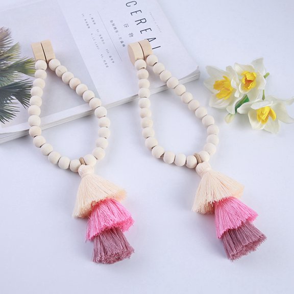 2pcs Wood Bead Curtain Ties,Boho Style Curtain Holdbacks Magnetic Curtain Tiebacks With Rainbow Tassel Pendant For Home Office Decoration
