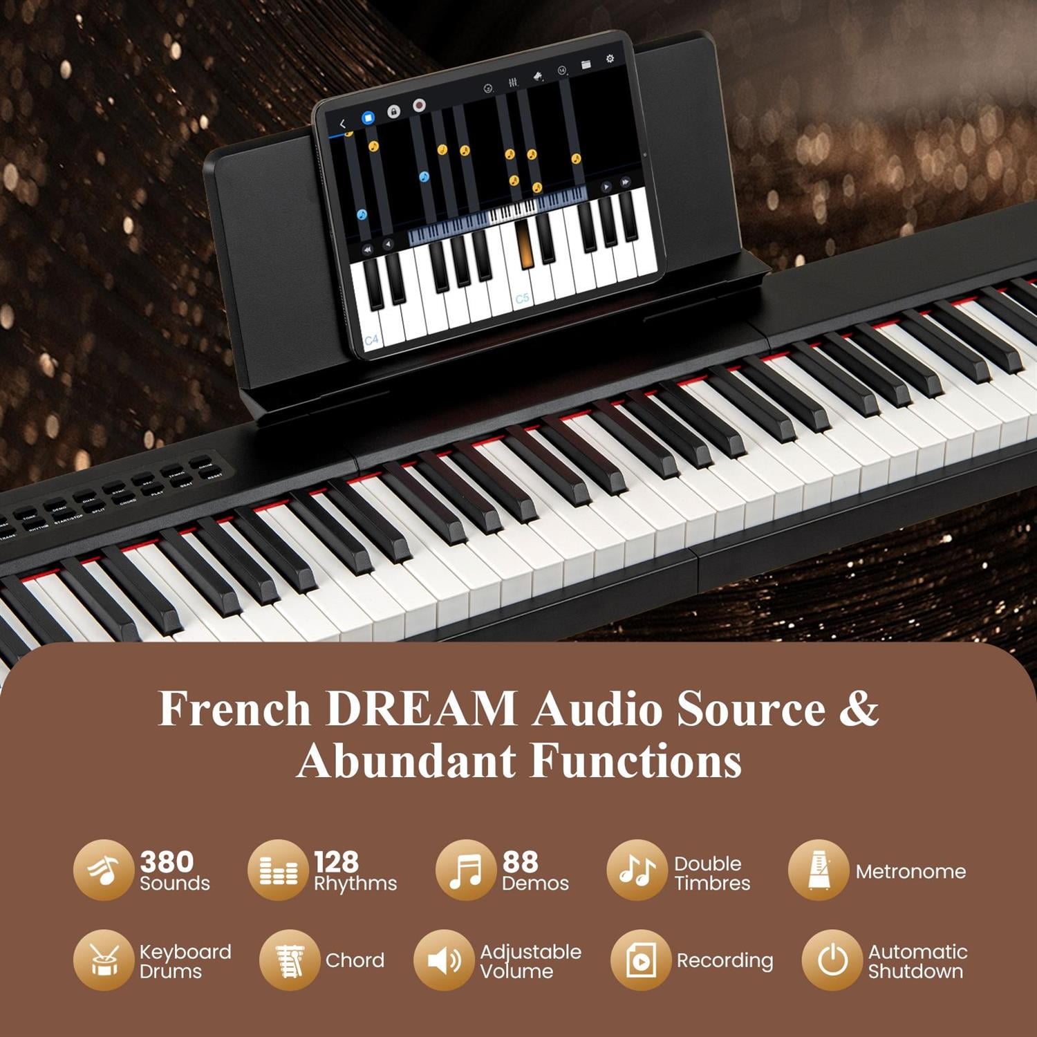 Demifill 88-Key Velocity-Sensitive Piano, Professional Practice, Dual Speakers, French DREAM Audio, Black