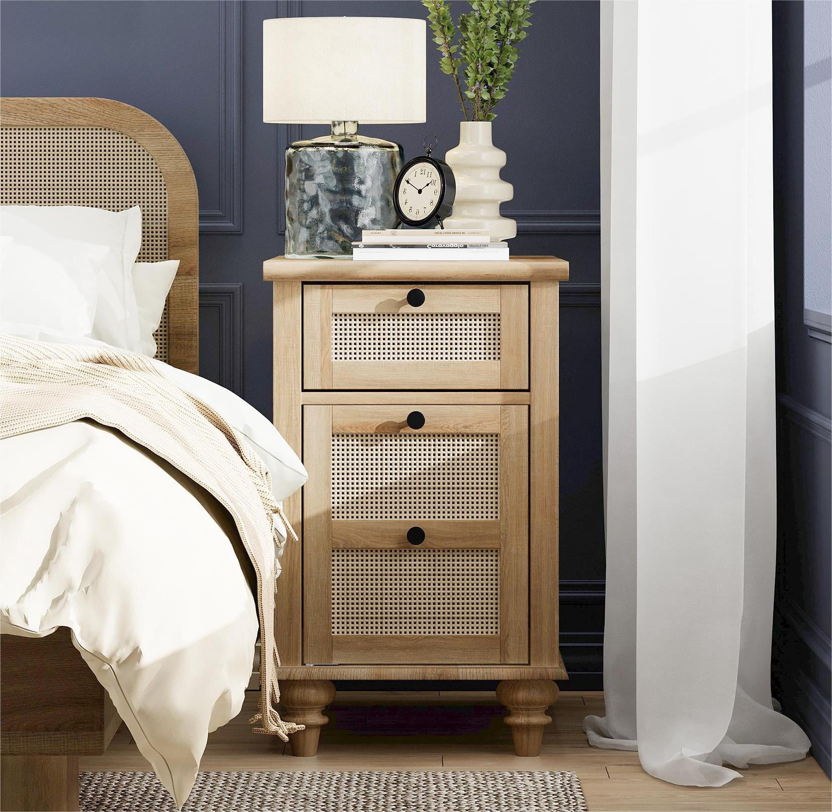 Oak Farmhouse End Table with Charging Station, Wooden Side Table with Rattan Drawer and Cabinet for Living Room Bedroom