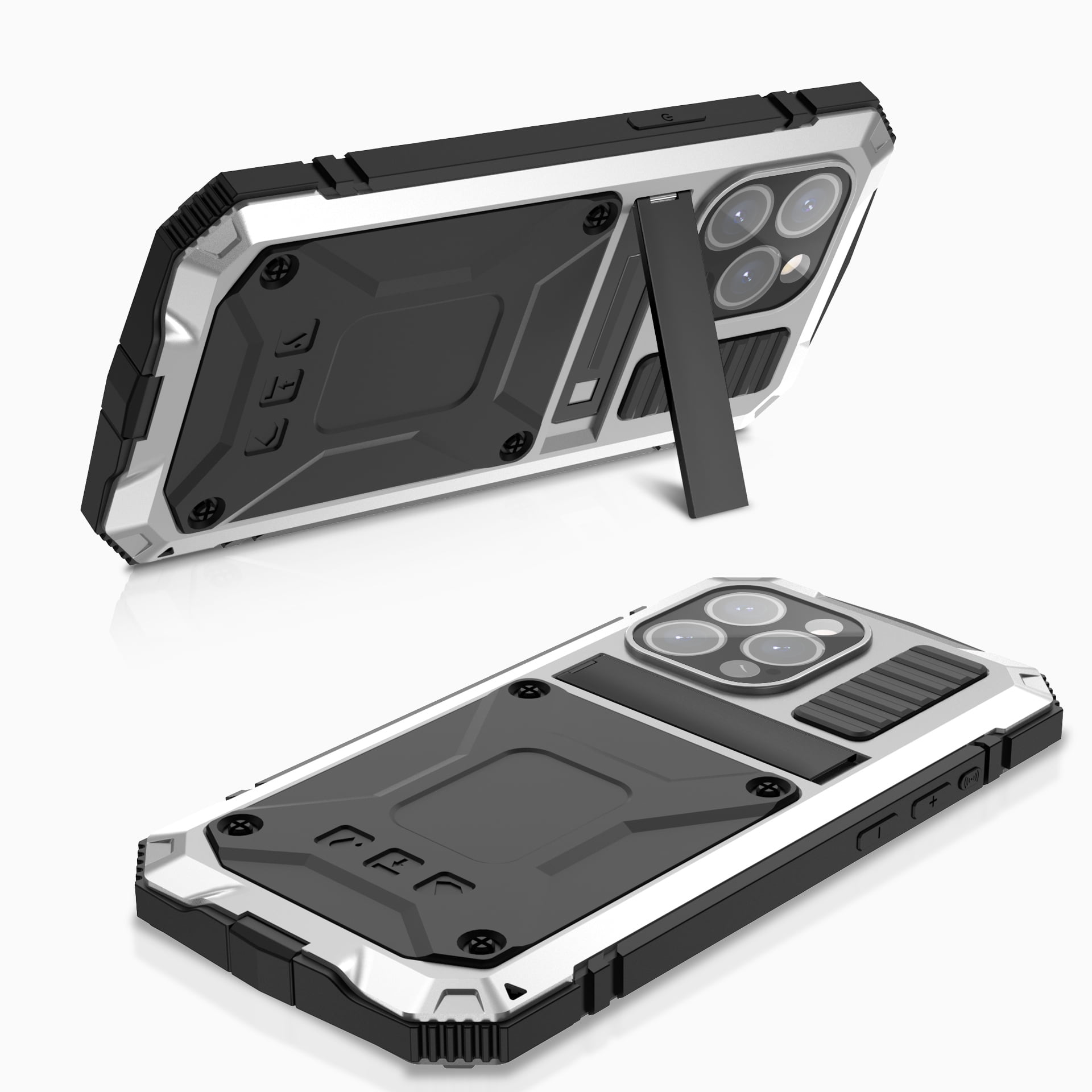 Dteck for iPhone 15 Pro Case,Outdoor Sports Military Heavy Duty Metal Cover Shockproof Dustproof Full Body Case with Built in Tempered Glass Screen Protector Hybrid Kickstand Cover, Silver