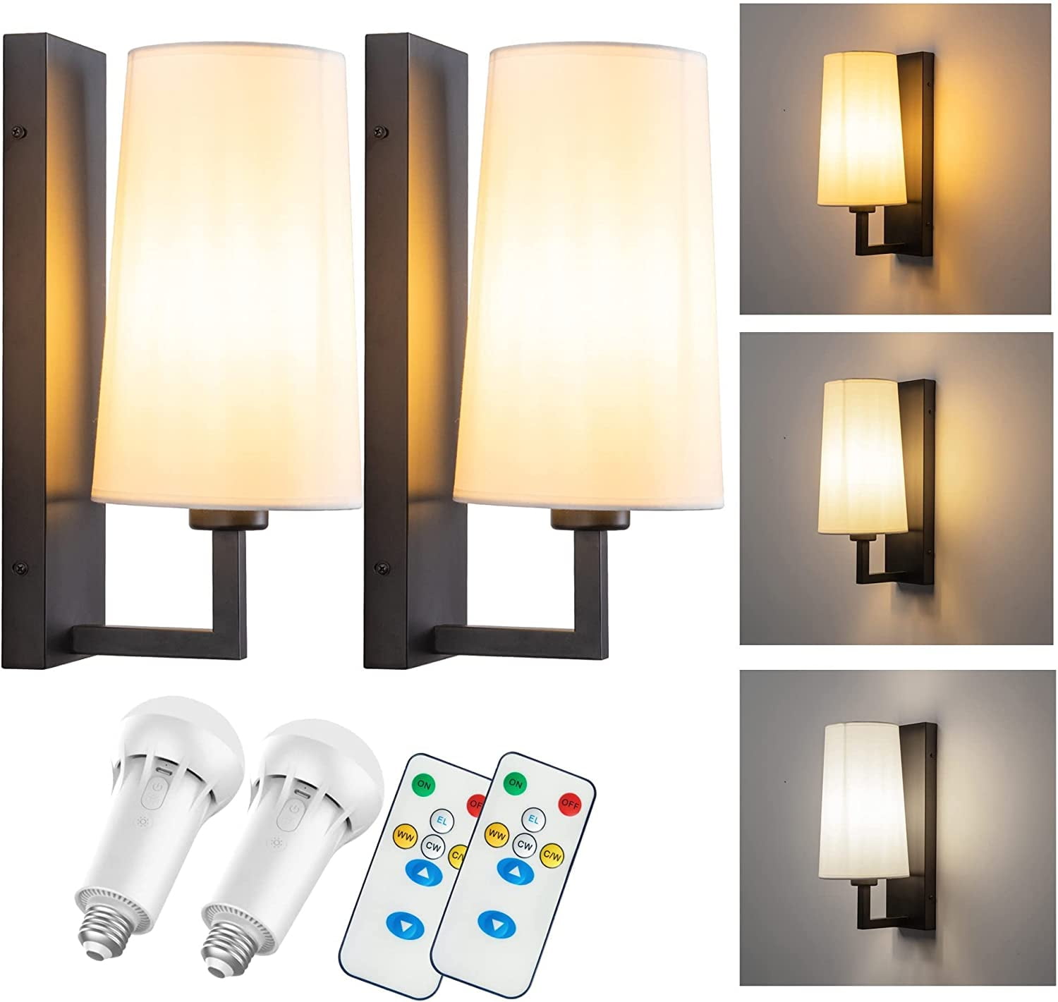 Modern Battery Operated Wall Sconce Set of Two White Fabric Shade Wall