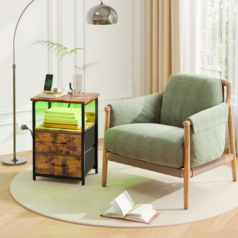 Tomnk Set of 2 Nightstands with Charging Station, Rustic Brown photo 4
