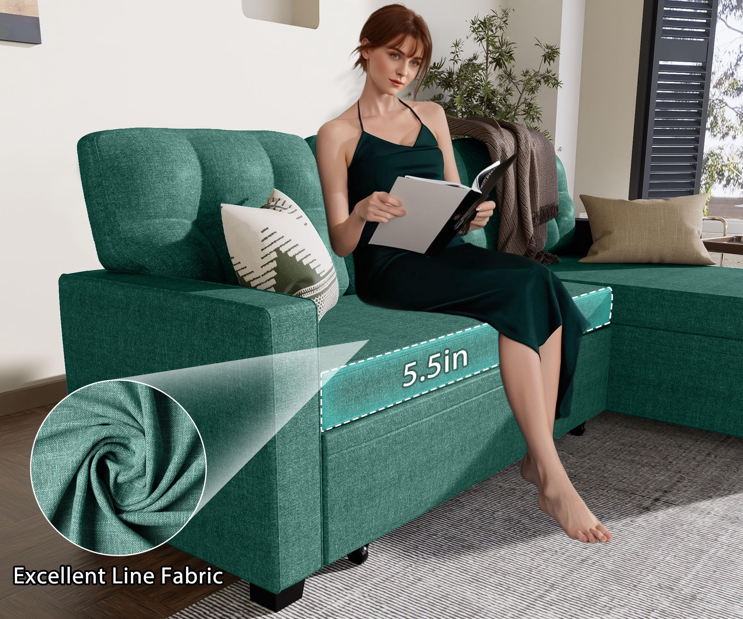 Reversible Sectional Sleeper Sofa with Storage Chaise – Modern Linen Pull-Out Bed, Hidden Storage & Removable Backrest for Living Rooms