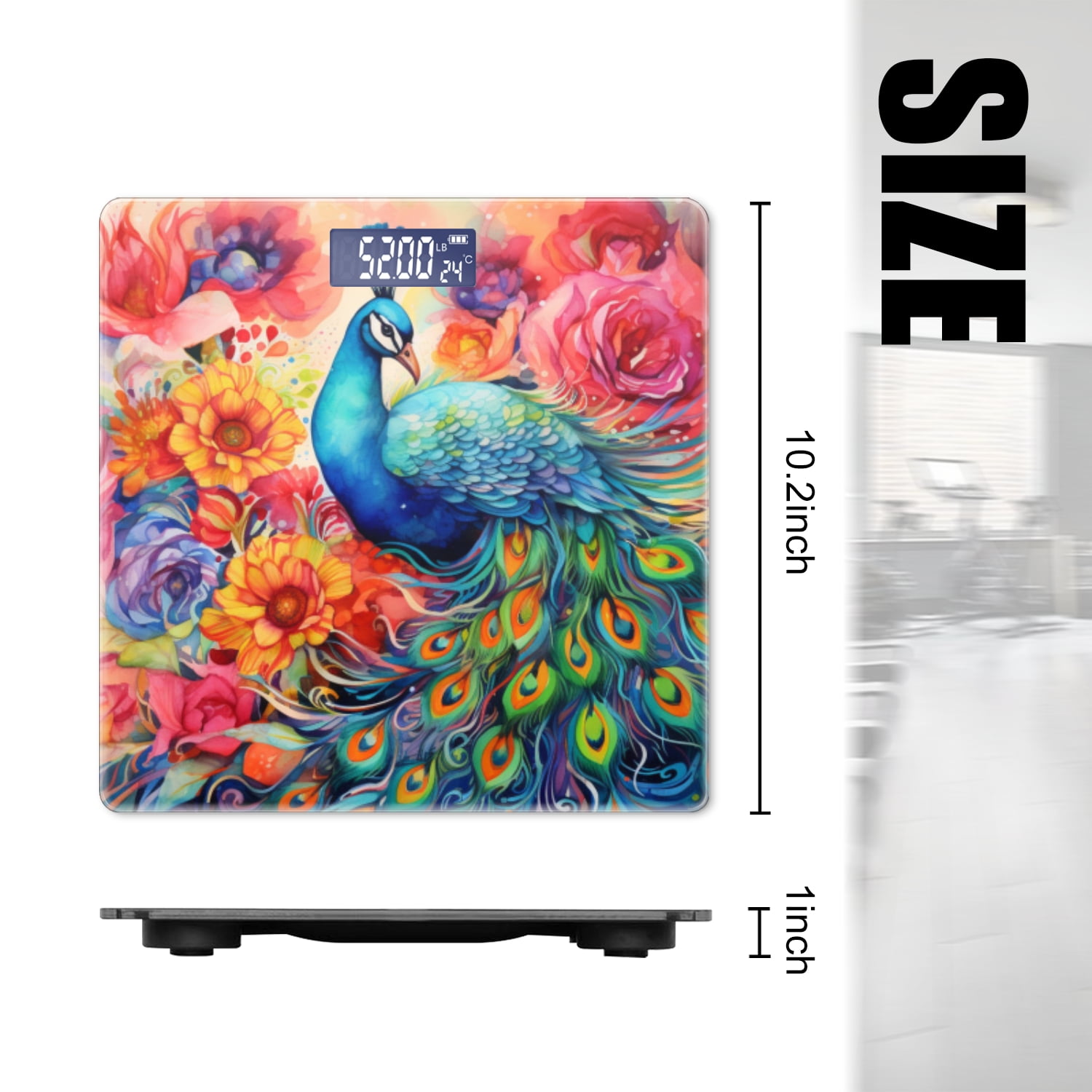 High Precision Body Weight Scale Smart Bathroom Scales with Large LCD Display(400lbs),Decorative for Bedroom-Elegant Peacock With Feathers That Look Like Colorful Flowers
