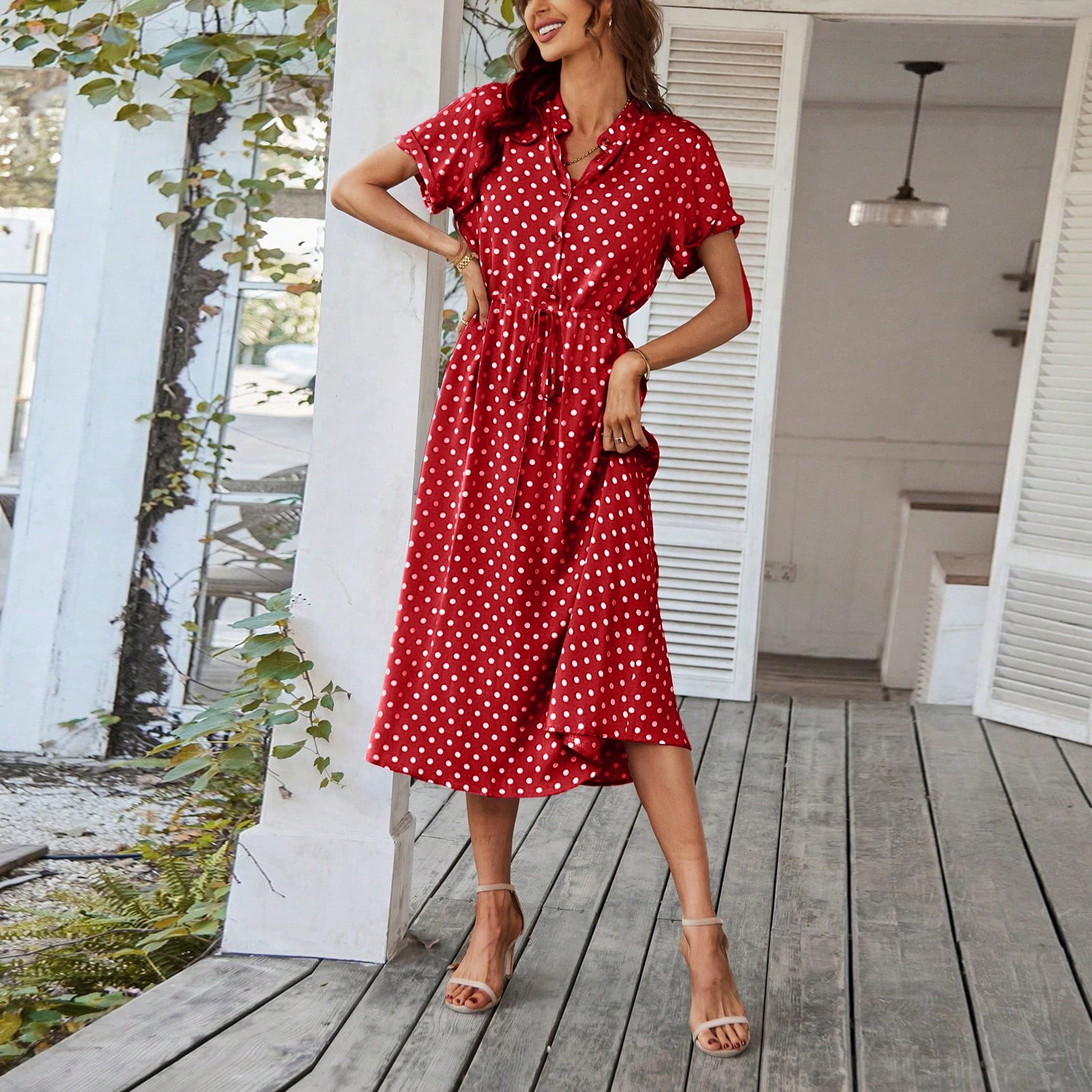 Women's Vintage Polka Dot Midi Dress Short Sleeve V-Neck Button Down Casual Summer Dress with Adjustable Waist Tie,Red XL - Walmart.com Women's Vintage Polka Dot Midi Dress Short Sleeve V-Neck Button Down Casual Summer Dress with Adjustable Waist Tie,Red XL - Walmart.com