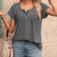 thumbnail image 6 of Women's Curved Hem Short Sleeve Shirts Summer Soft Pleated Scoop Neck Button Down Shirt Loose Fit Casual Daily Wear Tops Gray, 6 of 8