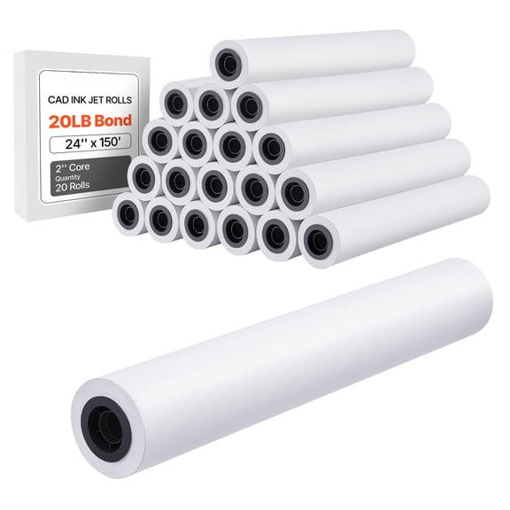 KFFKFF Wide Format Paper, 24 in x 150 ft CAD Bond Plotter Rolls, 2 in Core, 20 LB Bond Paper, 20 Rolls, Bright White