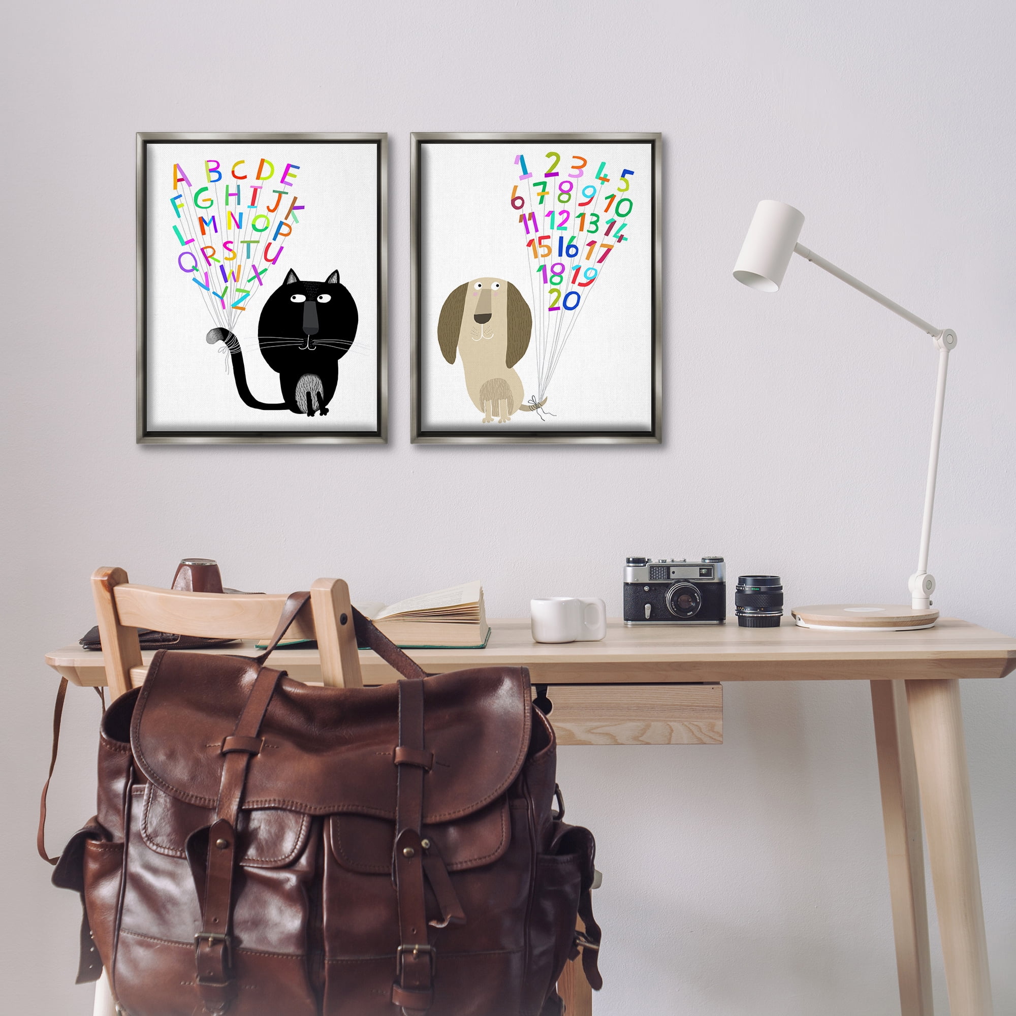 Stupell Industries Cat Dog Alphabet Numbers Education Painting Gray Floater Framed Canvas Art Print Wall Art, 17 x 21, Set of 2