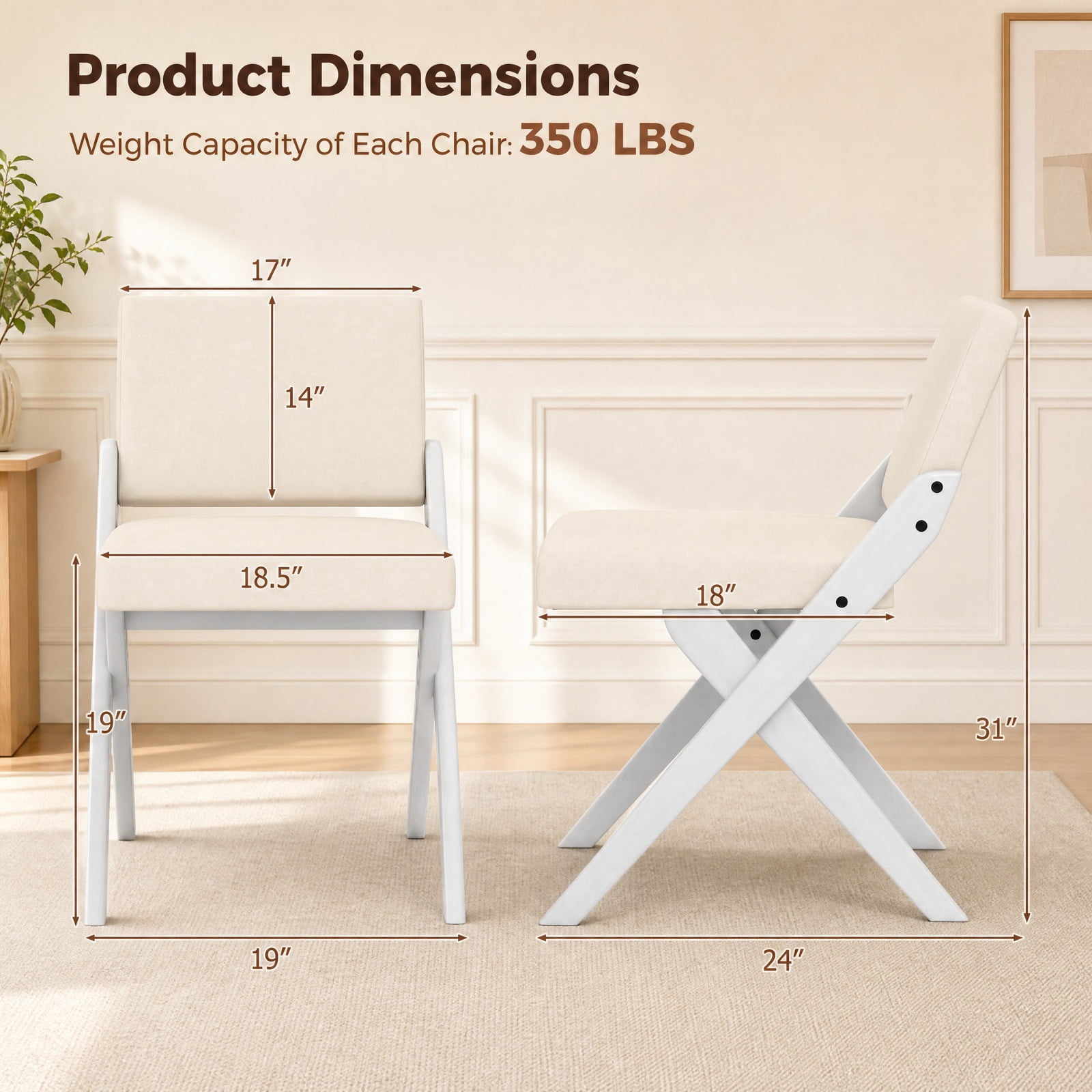 Furnibear Wooden Dining Chairs Set of 2 with Rubber Wood Frame and Padded Polyester Cushion for Kitchen and Dining Room, White