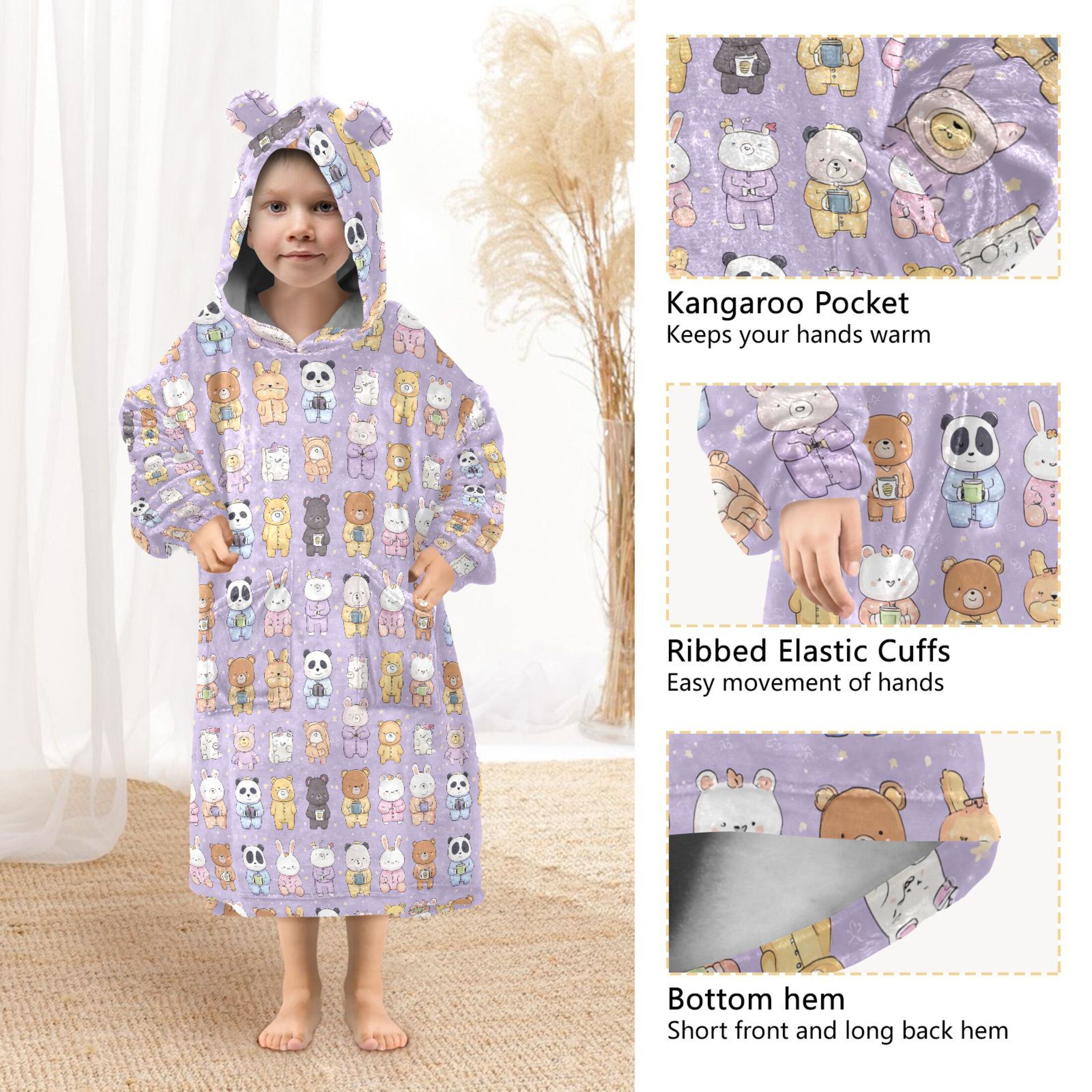 Wearable Blanket Hoodie for Kids Cute Animals in Pajamas Flannel Hooded Blanket with Pockets and Sleeves Suitable for Boys and Girls
