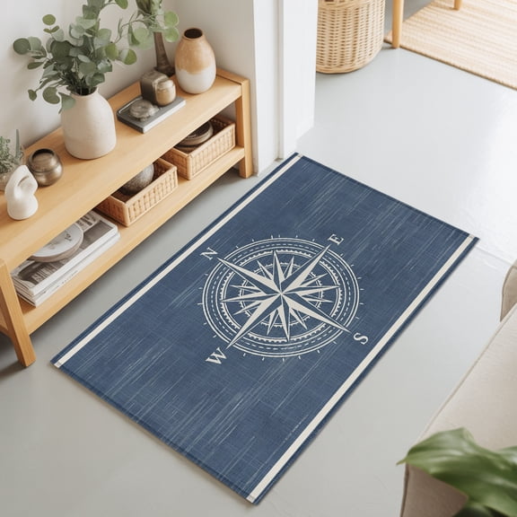 Nautical Compass on Blue Rectangle Area Rug 2x3ft,Living Room Rug Non-Slip Washable Circle Rugs Pad,Vintage Ocean Theme Soft Floor Carpet for Bedroom Dining Room