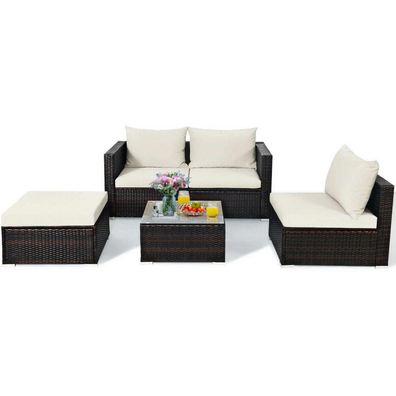 Aimee Lii 5 Pieces Patio Rattan Sectional Furniture Set with Cushions and Coffee Table, Outdoor Deck Furniture, Off White Aimee Lii 5 Pieces Patio Rattan Sectional Furniture Set with Cushions and Coffee Table, Outdoor Deck Furniture, Off White