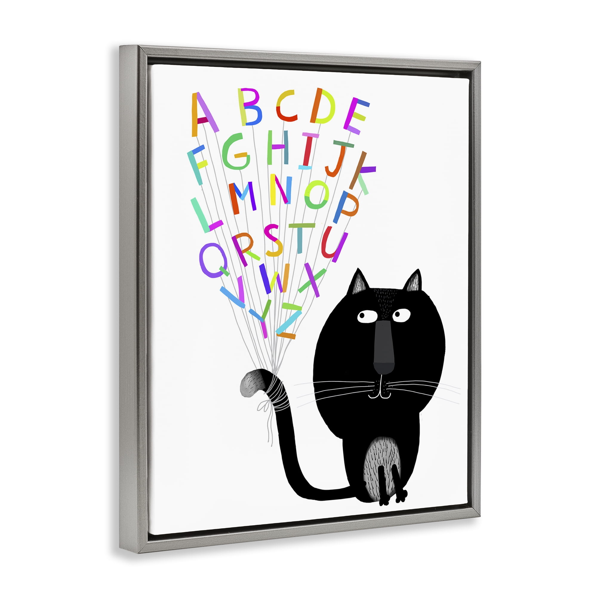 Stupell Industries Cat with Alphabet Animals & Insects Painting Gray Floater Framed Art Print Wall Art, 17 x 21