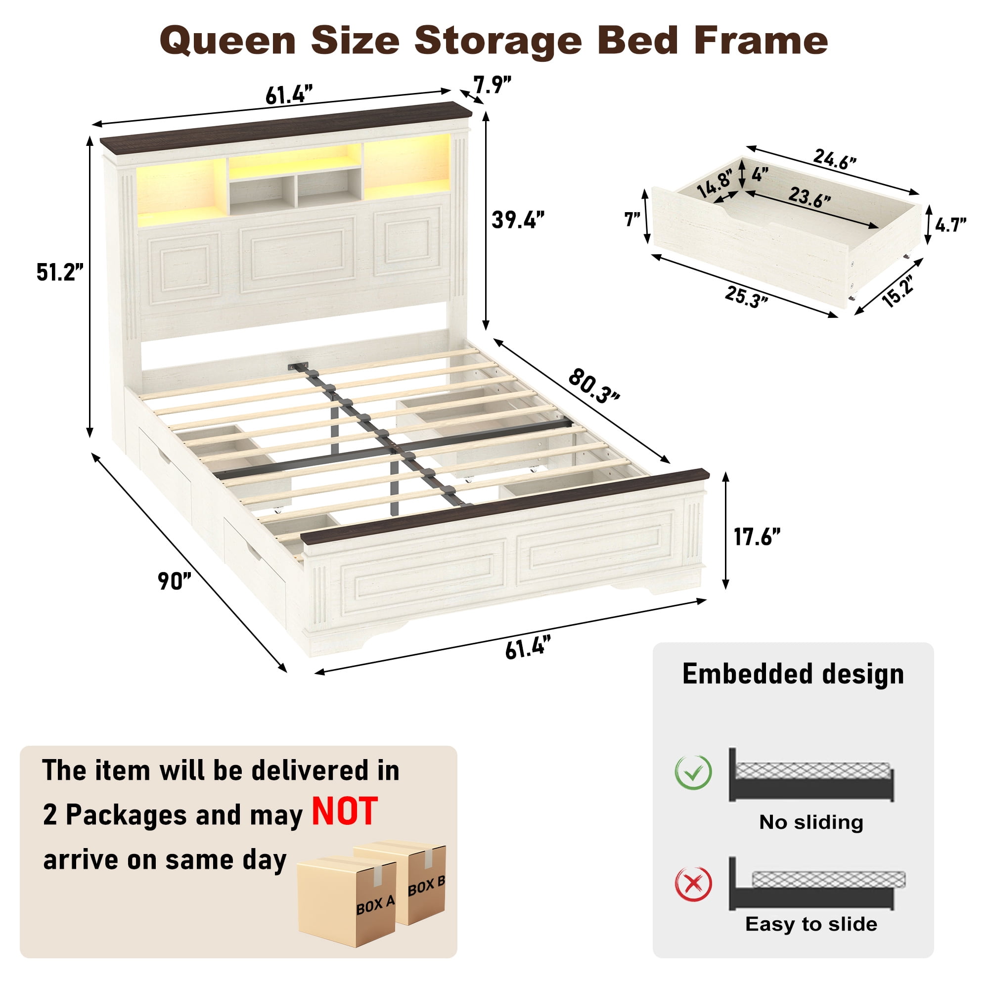 ANPOO Farmhouse Queen Size Bed Frame with 51" Tall Headboard & 4 Drawers, Queen Bed Frame and Headboard with LED Lights & Charging Ports, No Box Spring Needed, Wooden, Antique White