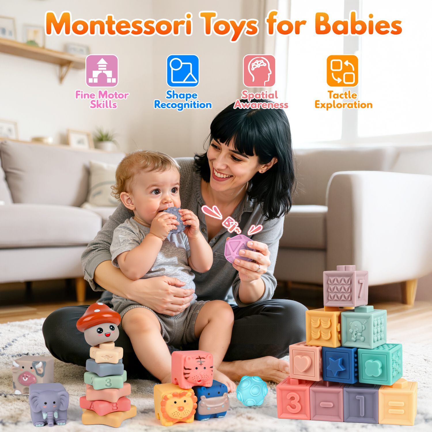 Beefunni Baby Toys 6-12 Months,Montessori Toys Soft Baby Teething Toys, Stacking Building Blocks, Sensory Development Educational Toys for Baby 12-18 Months