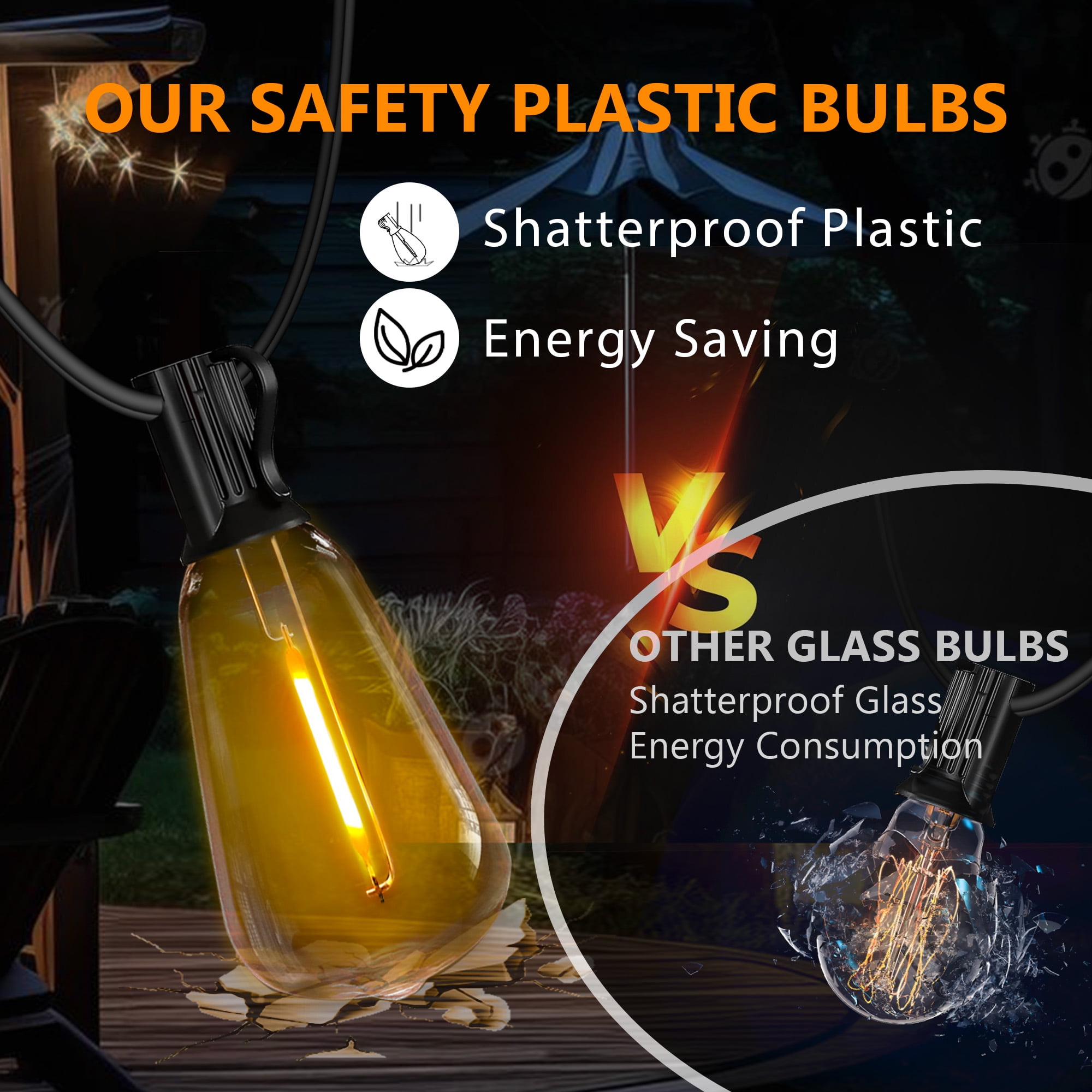 DAYBETTER Solar Outdoor String Lights,50FT Patio Lights with 12 Shatterproof ST38 Vintage Edison Bulbs, Solar Waterproof Hanging Lights, for Porch, Deck, Garden, Backyard
