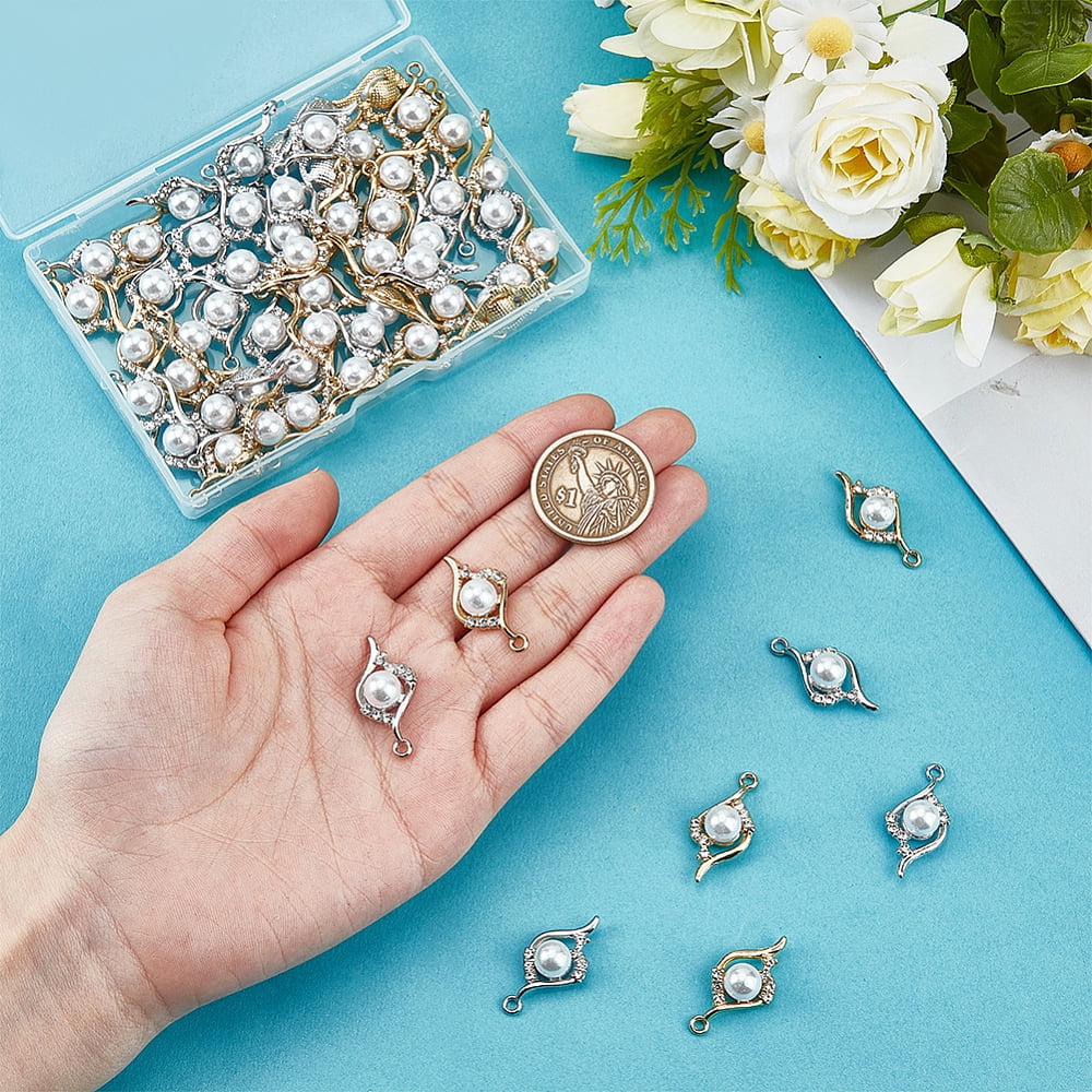 60Pcs 2 Colors Alloy Rhinestone Pendants with Imitation Pearl Beads Mixed Color 27.9x13.7mm 30pcs/color