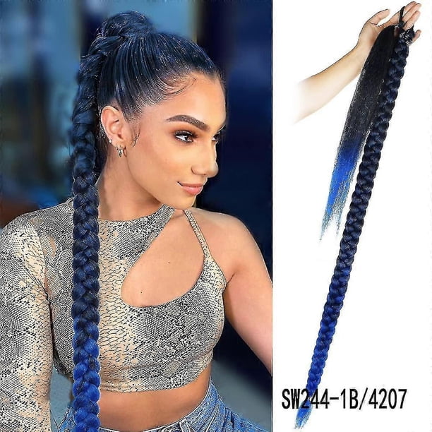 Extensión de coleta larga trenzada de 80 cm en negro y azul con lazo para el cabello, coleta recta envolvente