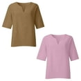 thumbnail image 4 of BVOFAR Cotton Linen 3/4 Sleeve Shirts for Women Solid Color Notch V Neck Tops Summer Plus Size T-Shirts Casual Loose Fit Tees 2 Pcs, 4 of 7