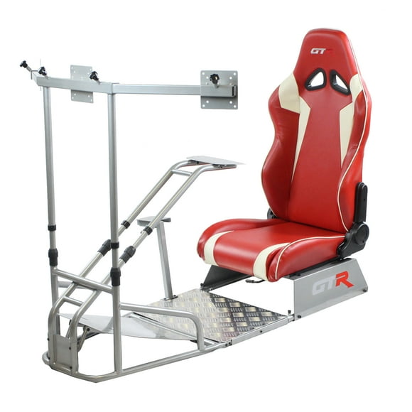 GTR Simulator GTSF Model Racing Simulator Cockpit Silver Frame with Red/White Seat