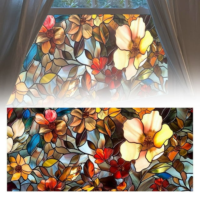 17.72x39.37inch Retro Flowers Window Privacy Film Decals Colorful Privacy Rainbow Decals Living Room Sun Blocking Decor Removable Static Cling Sticke