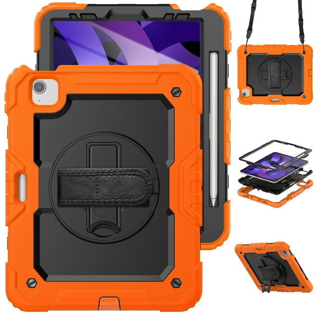 Case for iPad Air 5th Generation / iPad Air 4th Generation 10.9 inch with Screen Protector, 360 Degree Rotating Kickstand Hand Strap Shockproof Cover with Shoulder Strap, Orange