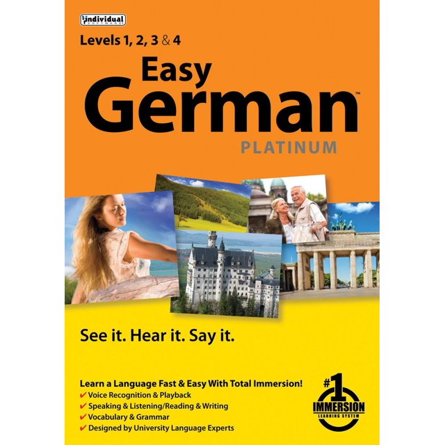 Easy German Platinum Couverture de Logiciel d'Apprentissage de la Langue avec Niveaux 1 à 4, avec des images de Monuments Allemands Tels Que le Château de Neuschwanstein et la Porte de Brandebourg, des Paysages Campagnards et des Scènes Culturelles sur un Fond orange et Jaune, Mettant en Valeur la Reconnaissance Vocale, un Apprentissage Immersif et un design d'Expert Universitaire.