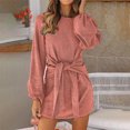 thumbnail image 6 of Odeerbi Clearance Dresses for Women 2022 Fall Dresses Round Neck Trendy Long Sleeve Slim Solid Color Loose Mini Dress With Belt Watermelon Red, 6 of 9