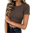 thumbnail image 3 of Women's Regular Fit Round Neck Short Sleeve Solid Color Comfy Pullover Top Blouse Casual Daily Wear Summer Vacation Outfits | CSEONE,Brown S, 3 of 8