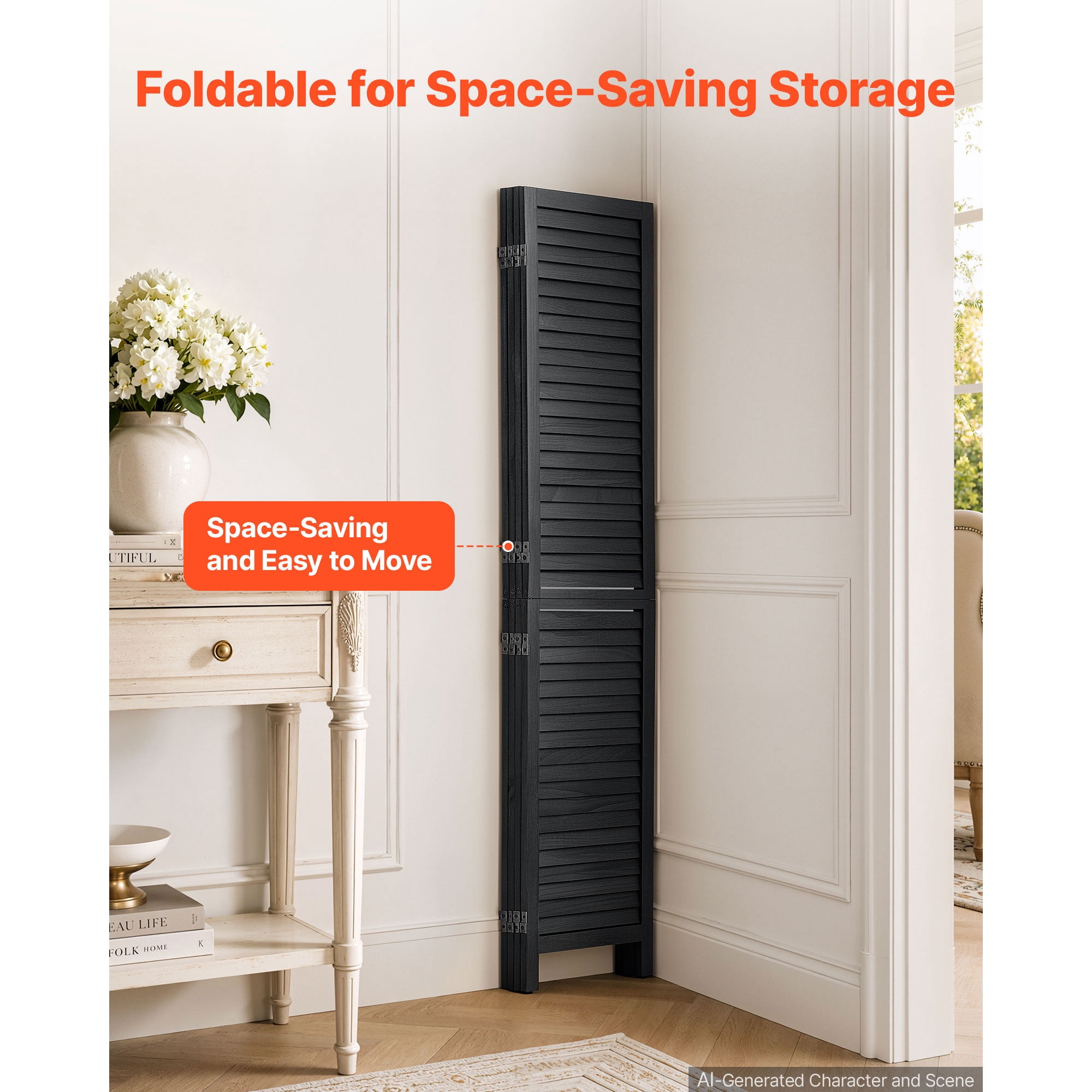 KFFKFF Wood Room Divider with 4 Panels, 67-Inch Folding Privacy Screen in Black, Ideal for Room Separation and Home Decoration, Durable Frame, 360° Two-Way Hinges, Simple Assembly