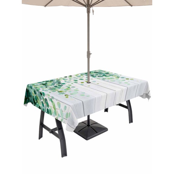 Outdoor Tablecloth with Umbrella Hole for Patio/Picnic/Party/Camping, Eucalyptus Leaves Waterproof Table Cloth Rectangle Table Cover Washable, Spring Green Plants Farmhouse Wooden Grain (54"x 80")