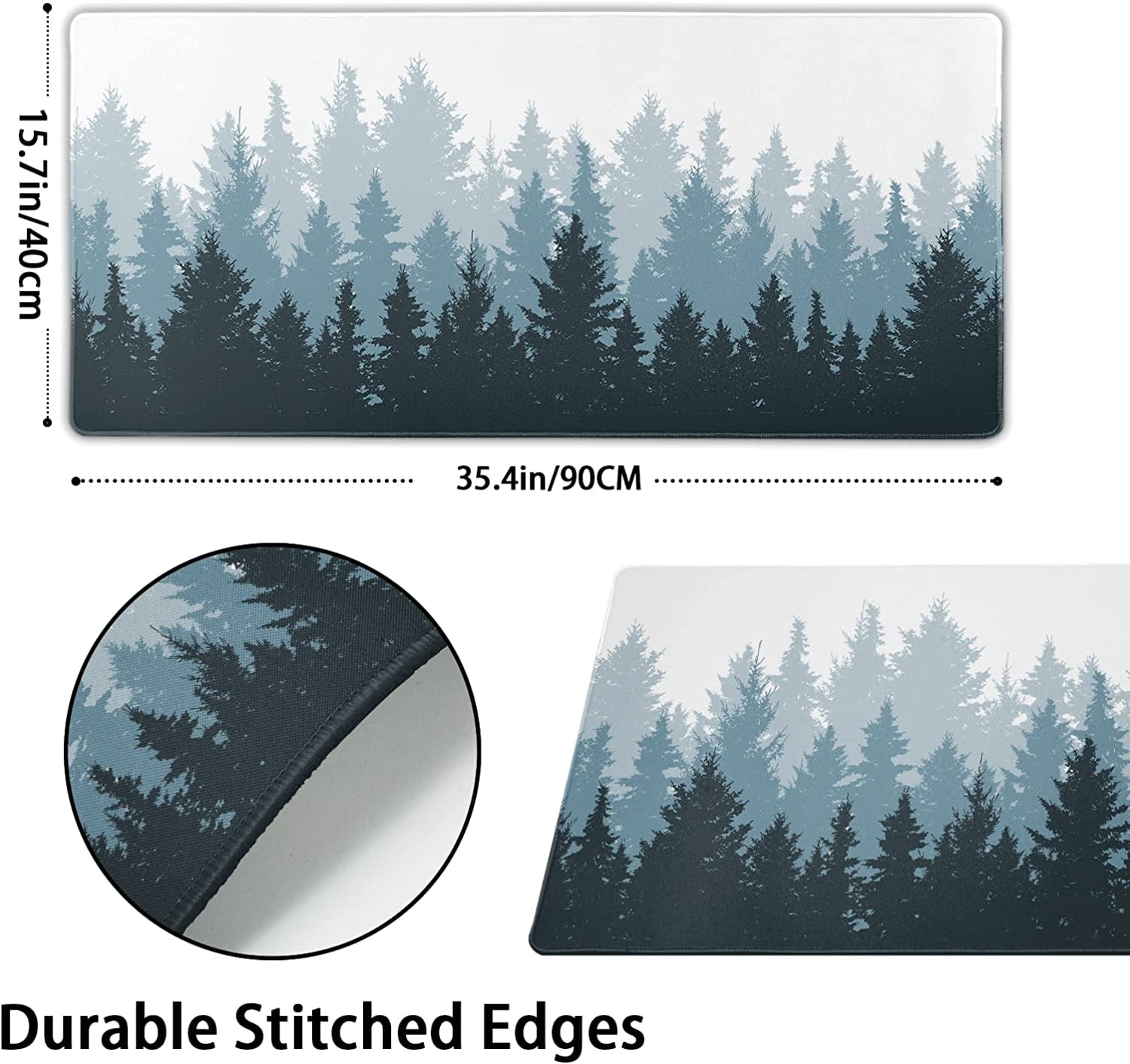 Forest Mouse Pad 35.4 X 15.7 Inch XXL Cool Design Black Gray Blue Abstract Watercolor Print Full Desk Mousepad Extended Large Non-Slip Rubber Base Keyboard Mat with Stitched Edges for Gaming Office
