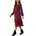 thumbnail image 4 of Women's Fall Dresses Long Sleeve Round Neck Tiered Casual Knit A-Line Midi Dress with Pockets L Burgundy, 4 of 6