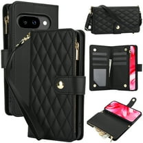 ELEHOLD Premium Leather Wallet Case For Google Pixel 9A, Zipper Folio with 6 Card Slots Cash Pocket Magnetic Closure Protective Flip Wallet Case Cover with Wrist/Shoulder Strap,Black