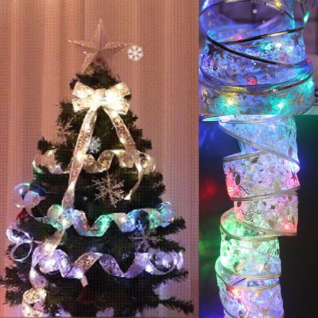Christmas Ribbon Fairy Lights, Christmas Tree Light Up Ribbon, Ribbon Lights for Christmas Tree, Indoor Ribbon String Lights for Xmas Tree Decor (Gold-Warm,10M),Silver,10M-USB