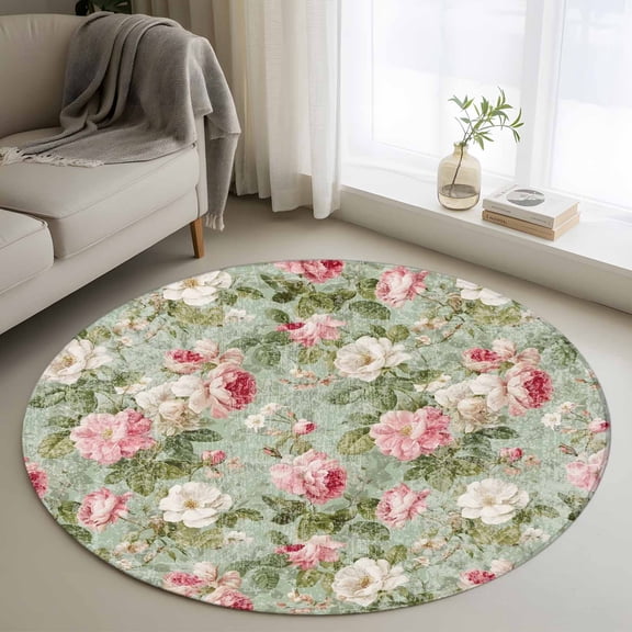 Round Area Rug 3 Ft, White Pink Flower Washable Non-Slip Circle Carpet for Living Room/Bedroom, Shabby Chic Spring Vintage Leaf Green Low-Profile Small Floor Mats Collection Rugs for Indoor