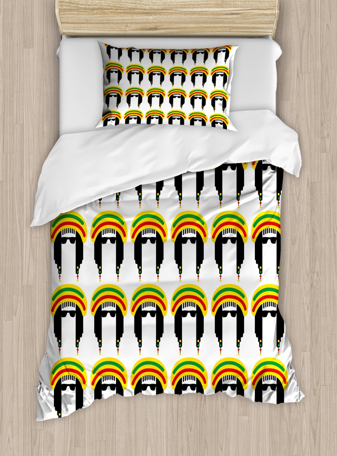 Jamaican Duvet Cover Set Twin Size, Jamaican Culture Elements Ethnic Cartoon Style Design