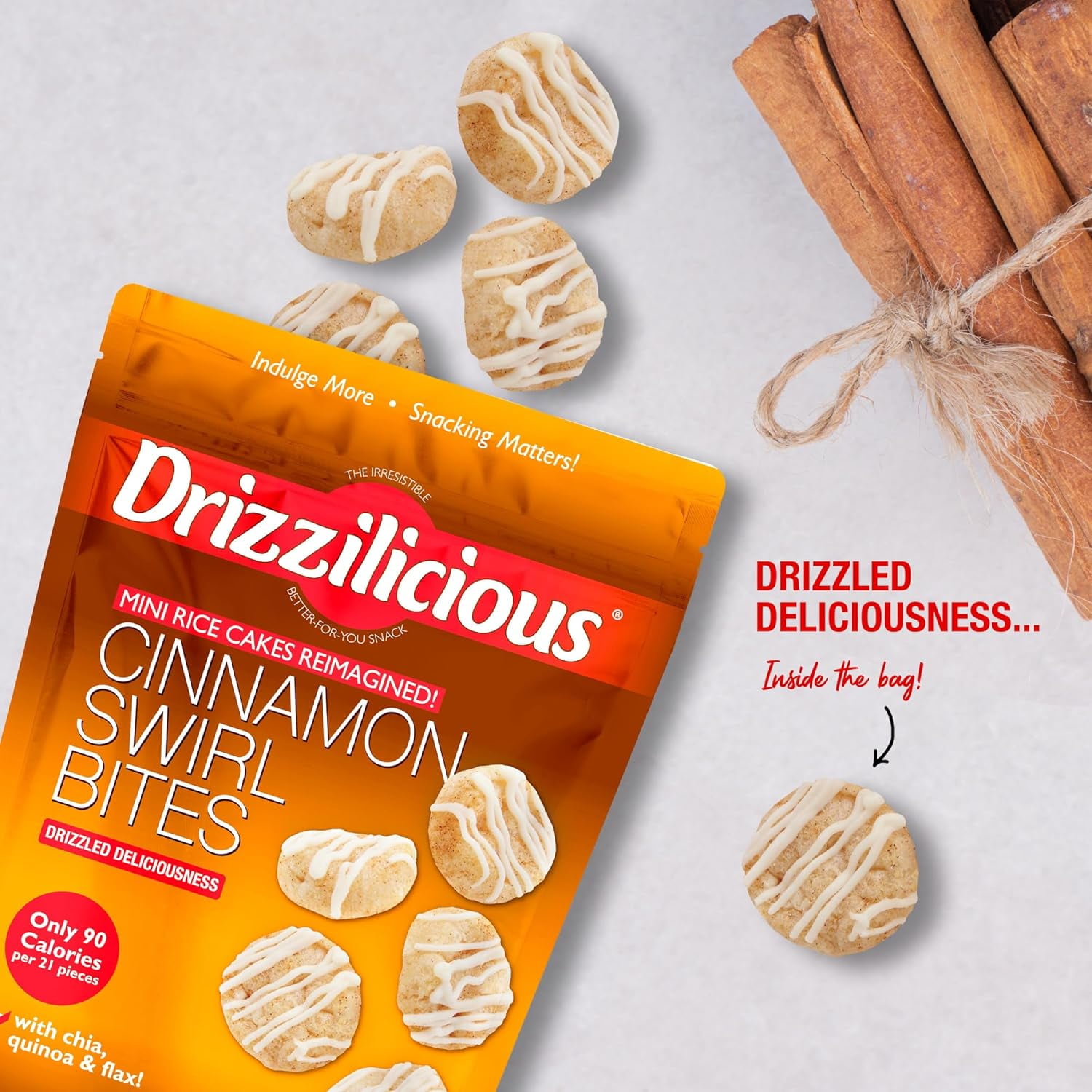 Drizzilicious Mini Rice Cakes, Cinnamon Swirl Flavored Rice Cake Gluten Free Snacks, Rice Crisps 2-Pack