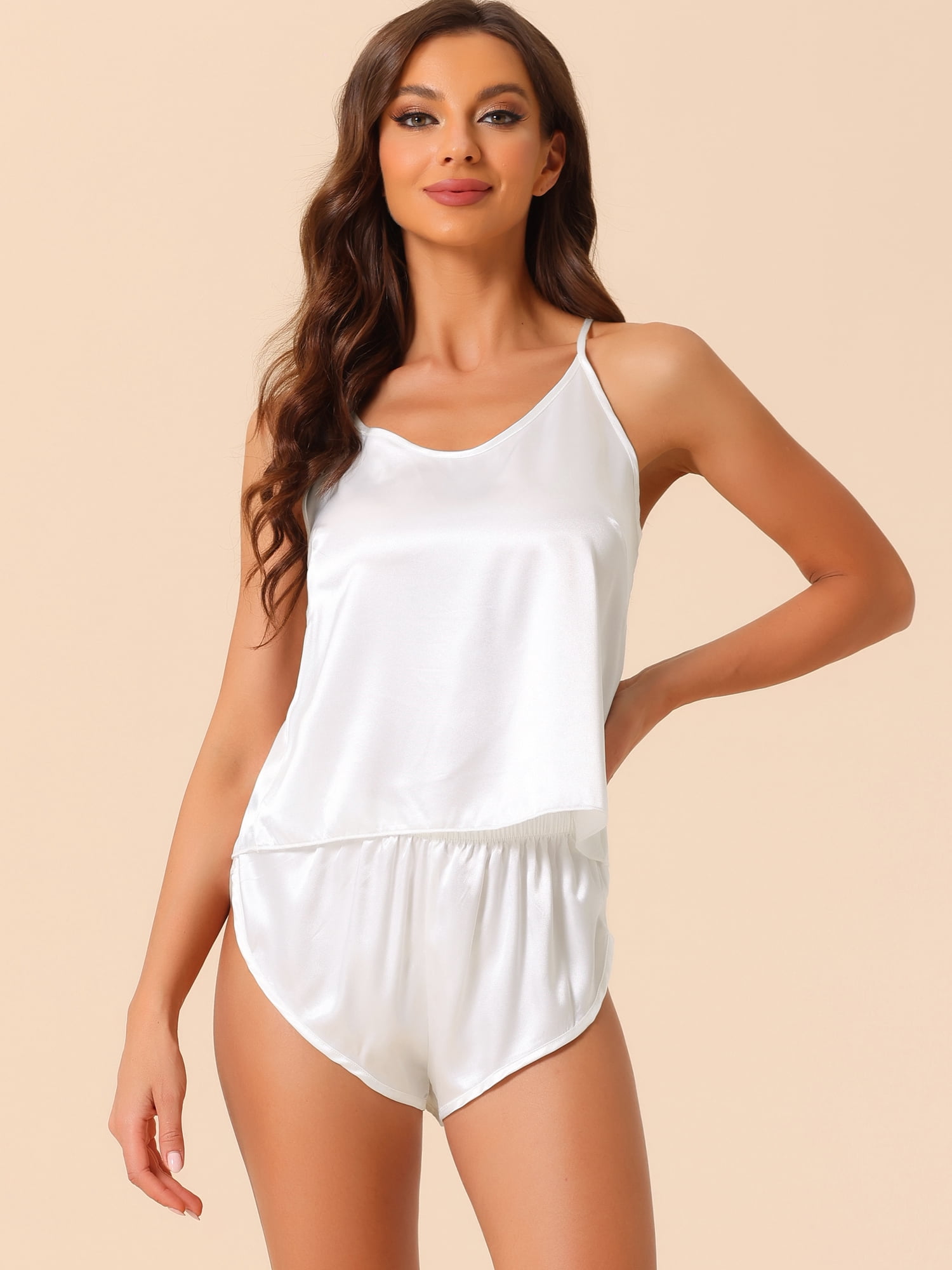 DARING DIVA Women's Satin Backless Lingerie Tops with Shorts Cami Pajamas Sets S White