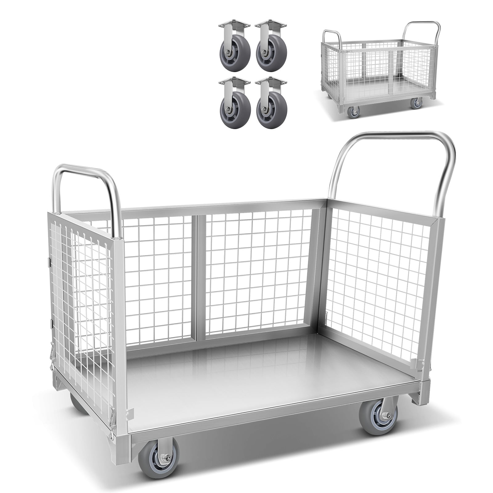 Net cage Trolley Heavy Duty Hand Truck with Cage Portable Platform Cart, 60.6 Pounds Silvery Metal Cart, Load 2200LBS 4-in-1 Design for Laundry, Groceries, Warehouse
