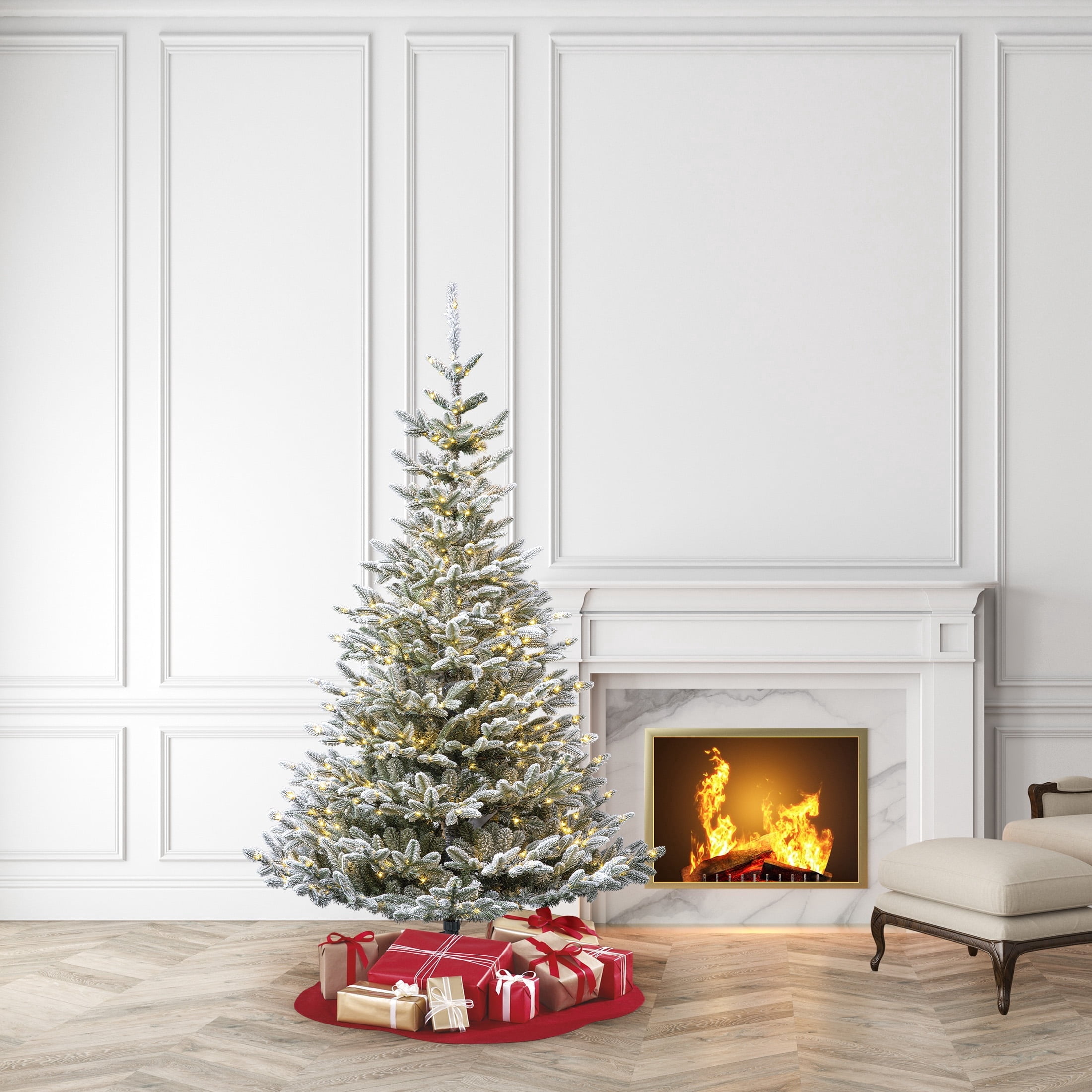 7' Pre-Lit Nobilis Pine Snow-Flocked Green Artificial Christmas Tree with 600 Warm White LED Lights, Quick Set, and Stand, by Holiday Time