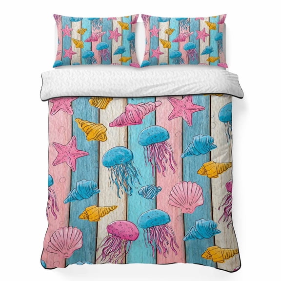 King Quilt Bedding Set, Ocean Starfish Jellyfish 3 Piece Bedding Set Breathable Quilt with 2 Pillow Shams, Blue White Pink Wood Background Soft Microfiber Summer Comforter for Hot Sleepers