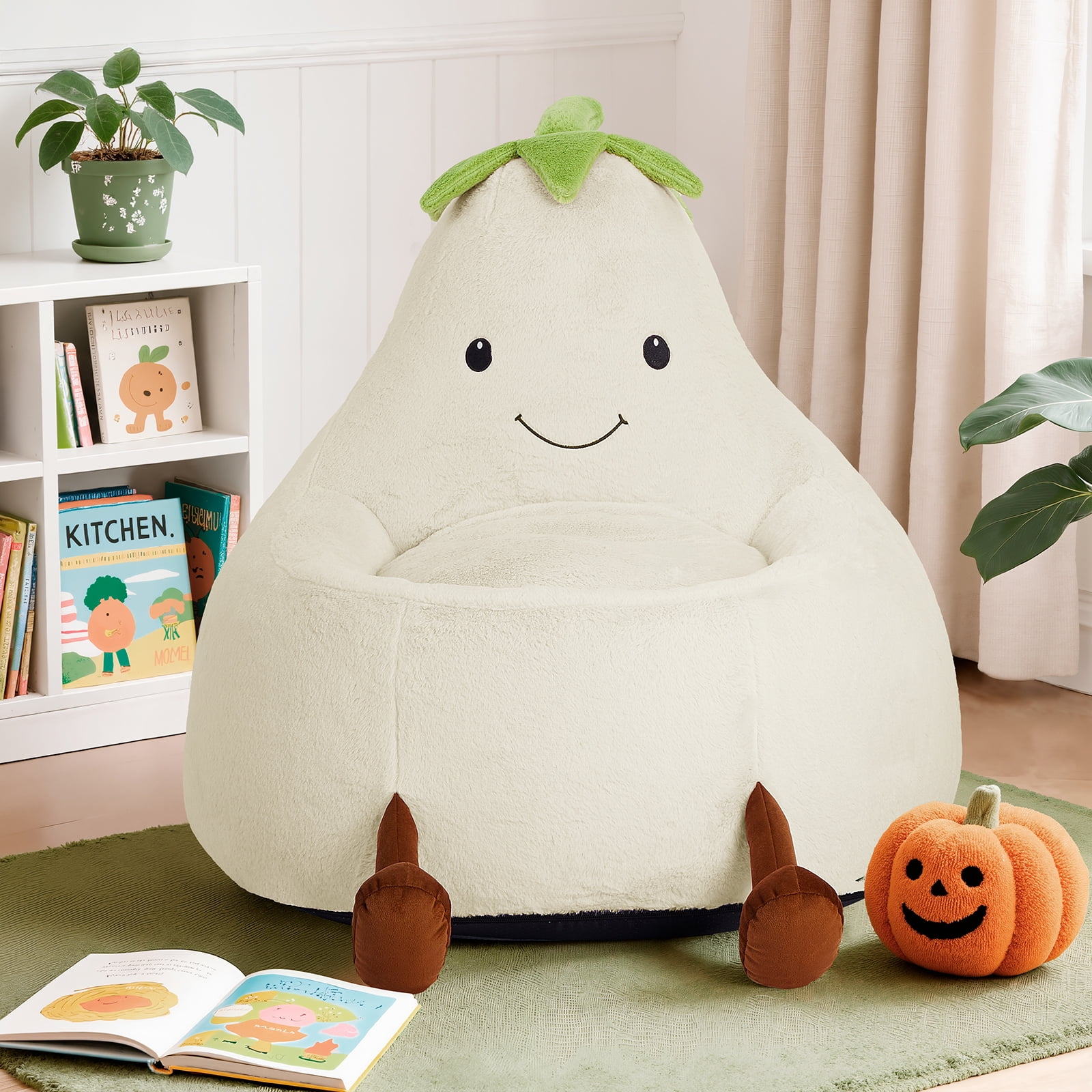 CONCETTA 24in Bean Bag Chair, Soft Faux Rabbit Fur Fabric, Cute Eggplant Lazy Chair for Kids, Living Rooms, Beige